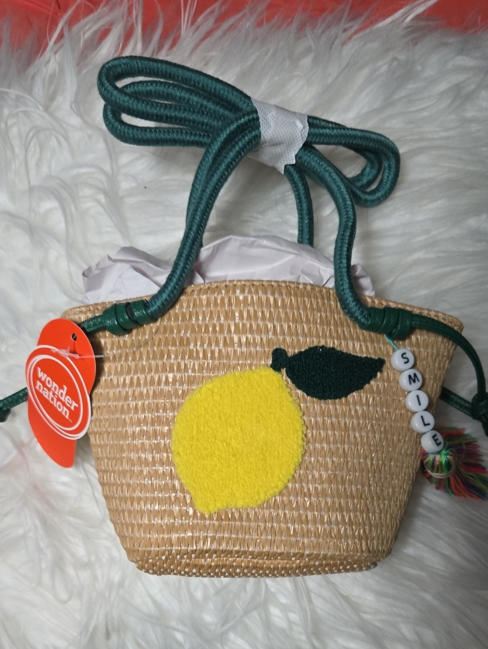 wonder nation Straw Crossbody Bag with Yellow Lemon and Green Strap
